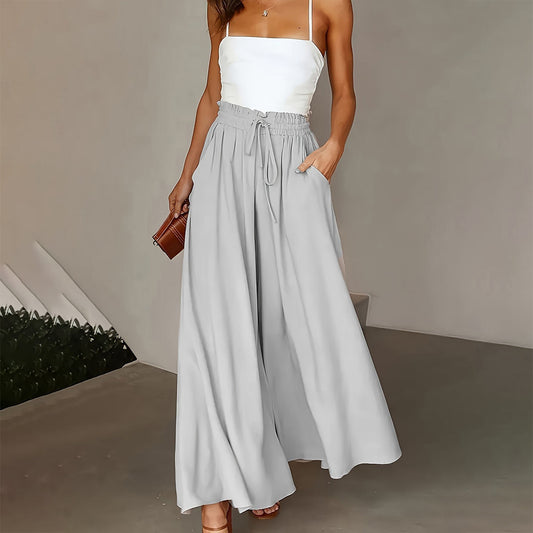 Plus Size Wide Leg Pants - Stylish Solid Paper Bag Waist Design, Elegant Pocket Tie Front, Loose Fit  Comfort