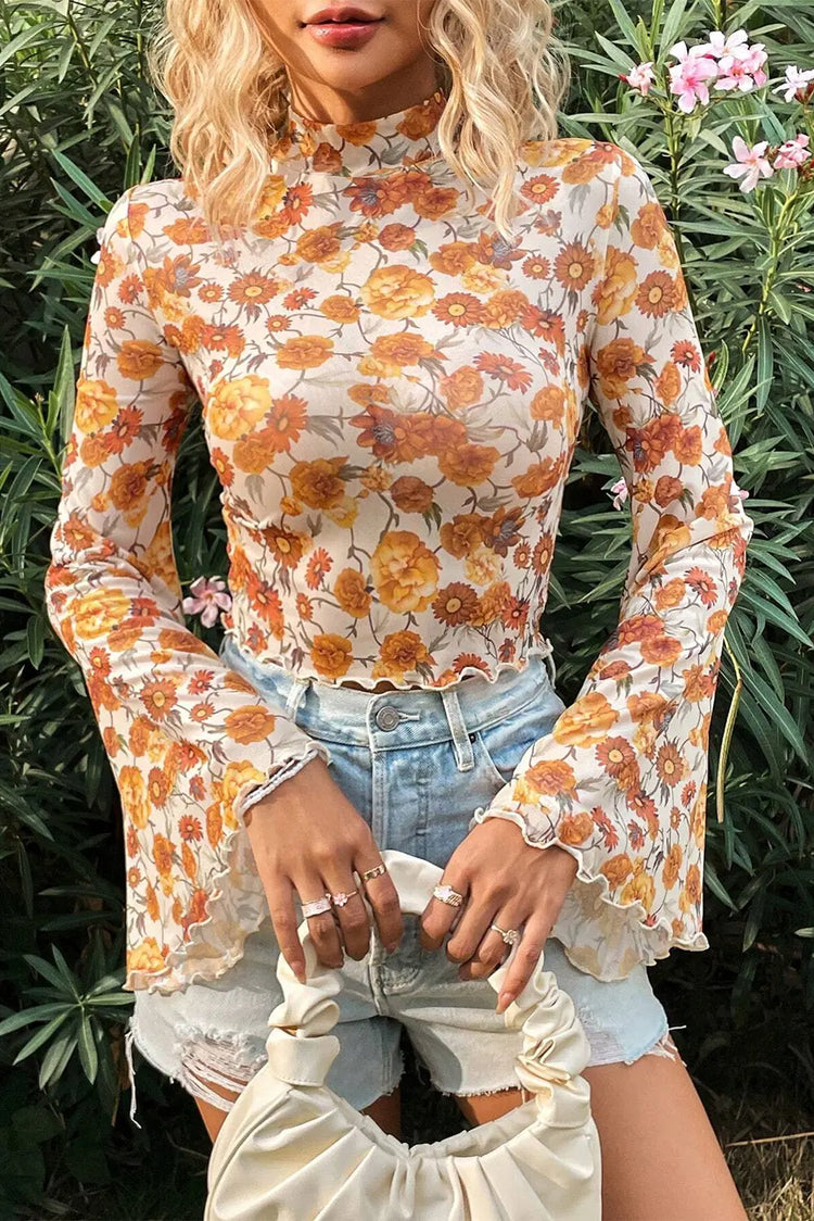 Orange Floral Printed Bell Sleeve Blouse - The Aurora Touch