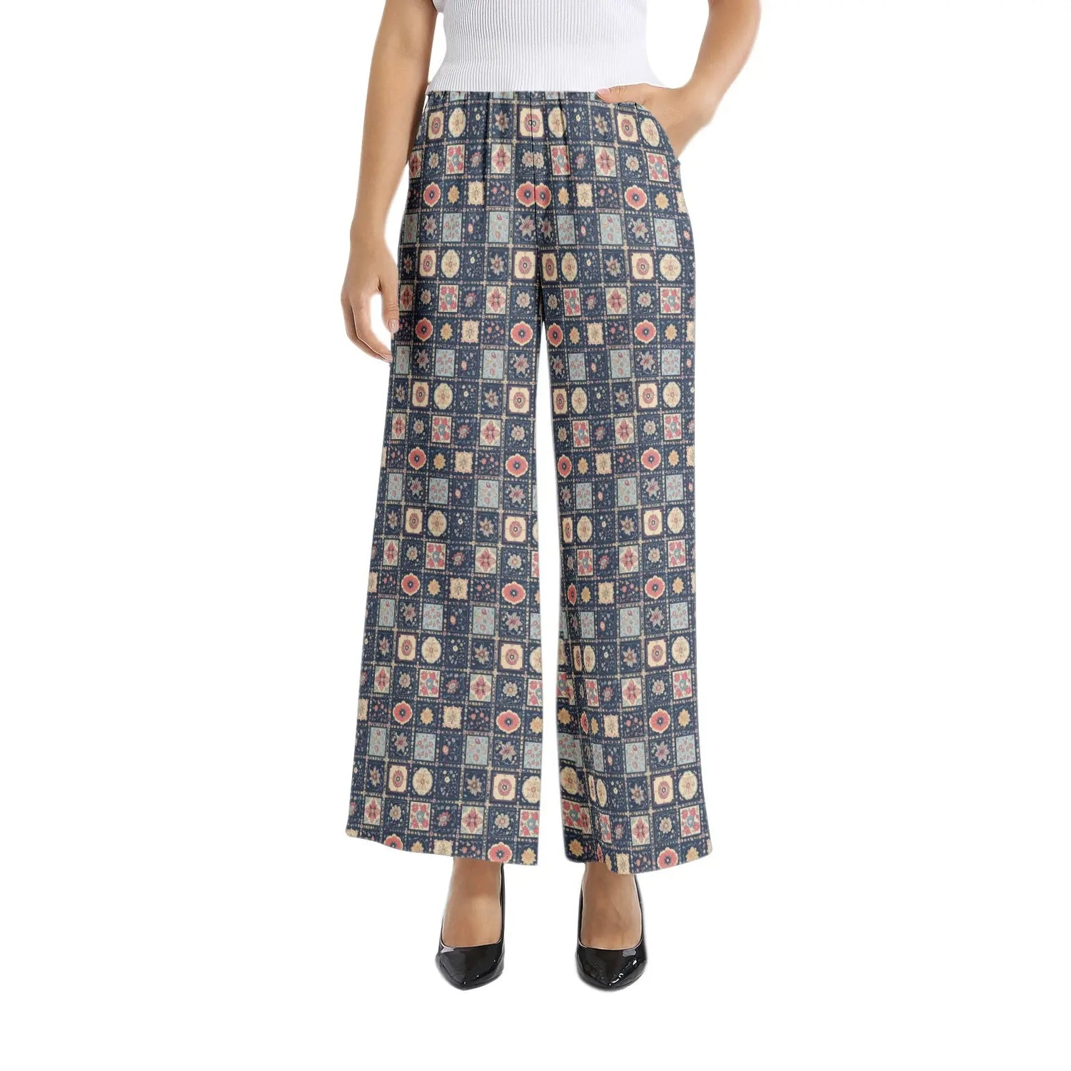Ladies Pastel Breathable Geometric Elastic Waist Wide Leg Pants Printy6