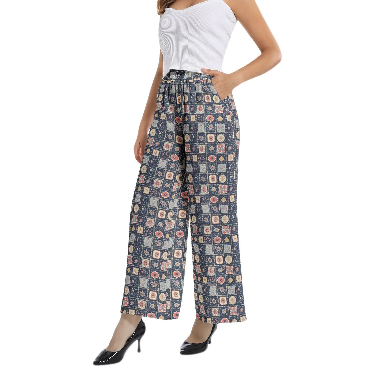 Ladies Pastel Breathable Geometric Elastic Waist Wide Leg Pants Printy6