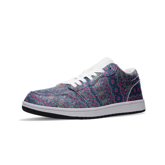 Unisex Low Top Leather Vibrant Blue and Purple HuesEthnic Tile Pattern Design Sneakers Printy6