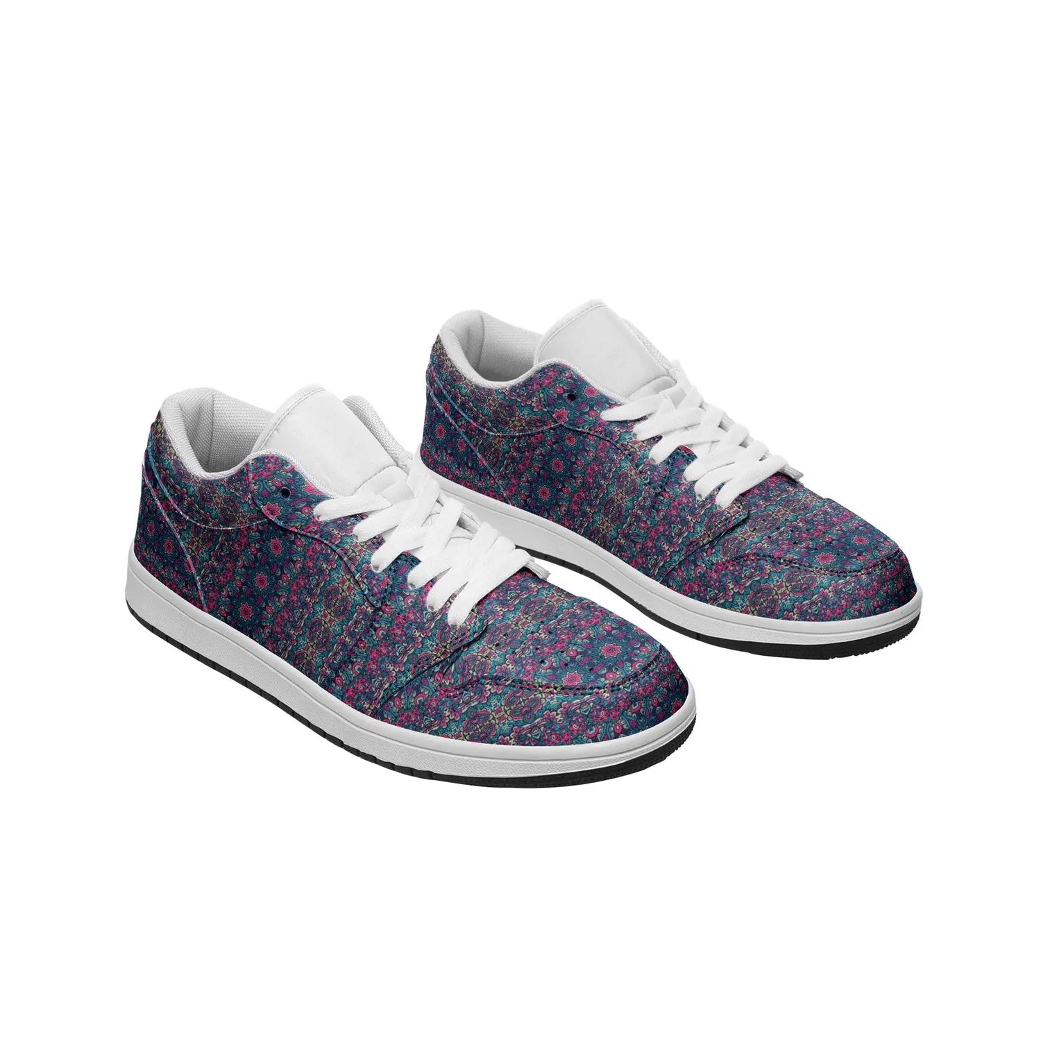Unisex Low Top Leather Vibrant Blue and Purple HuesEthnic Tile Pattern Design Sneakers Printy6