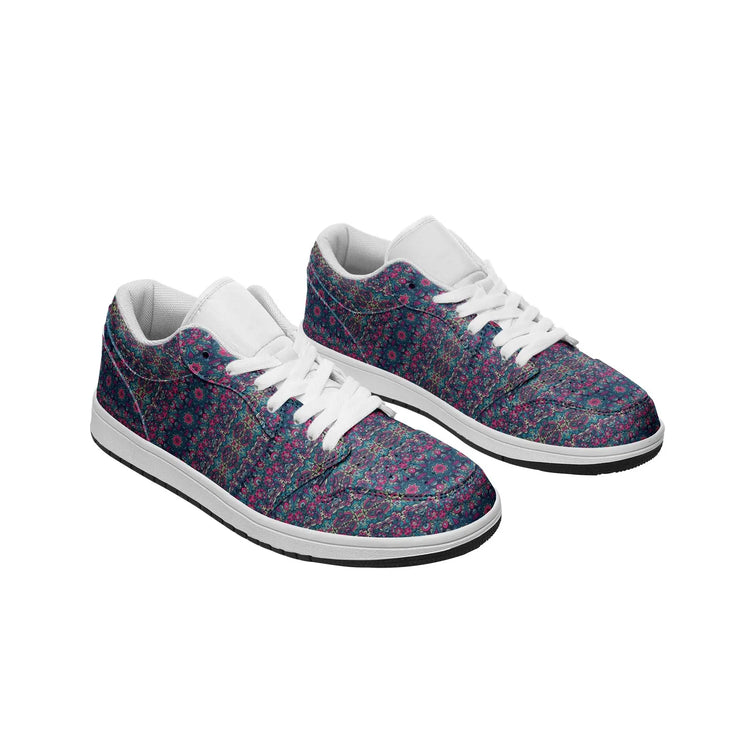 Unisex Low Top Leather Vibrant Blue and Purple HuesEthnic Tile Pattern Design Sneakers Printy6