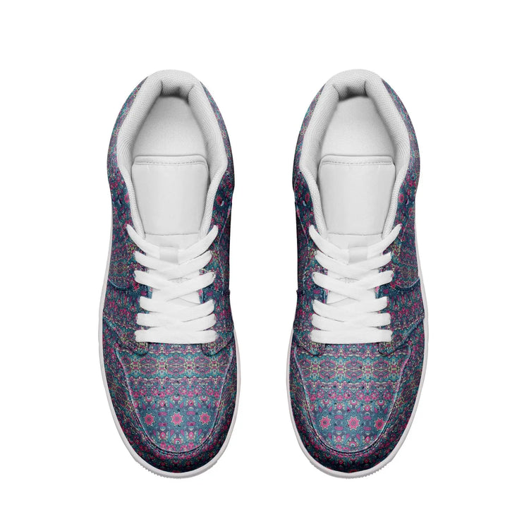 Unisex Low Top Leather Vibrant Blue and Purple HuesEthnic Tile Pattern Design Sneakers Printy6