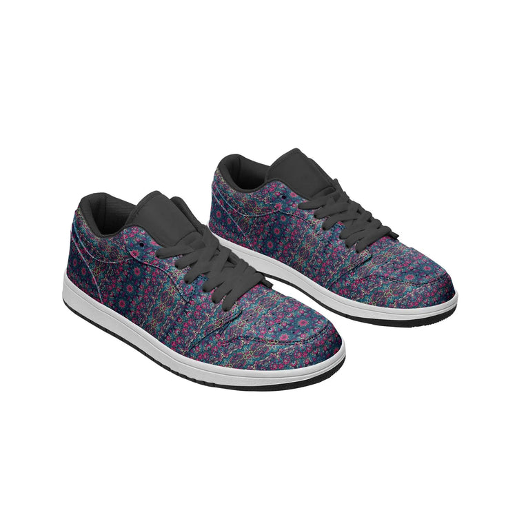 Unisex Low Top Leather Vibrant Blue and Purple HuesEthnic Tile Pattern Design Sneakers Printy6