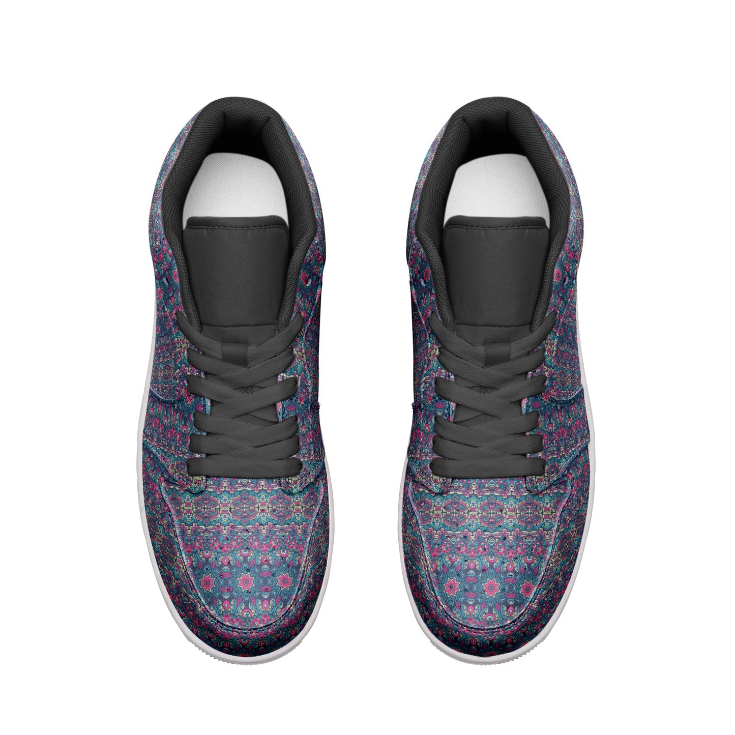 Unisex Low Top Leather Vibrant Blue and Purple HuesEthnic Tile Pattern Design Sneakers