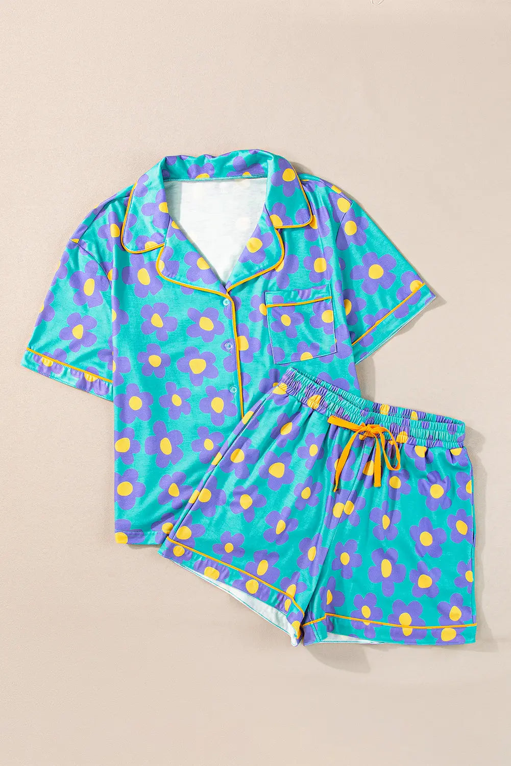 Green Flower Print Short Sleeve Shirt Pajamas Set The Aurora Touch