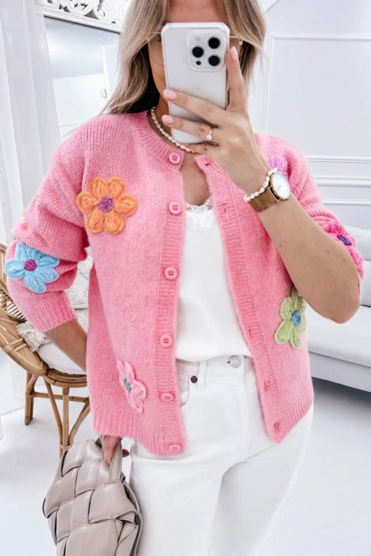 Pink Knitted Floral Pattern Button Up Cardigan - The Aurora Touch