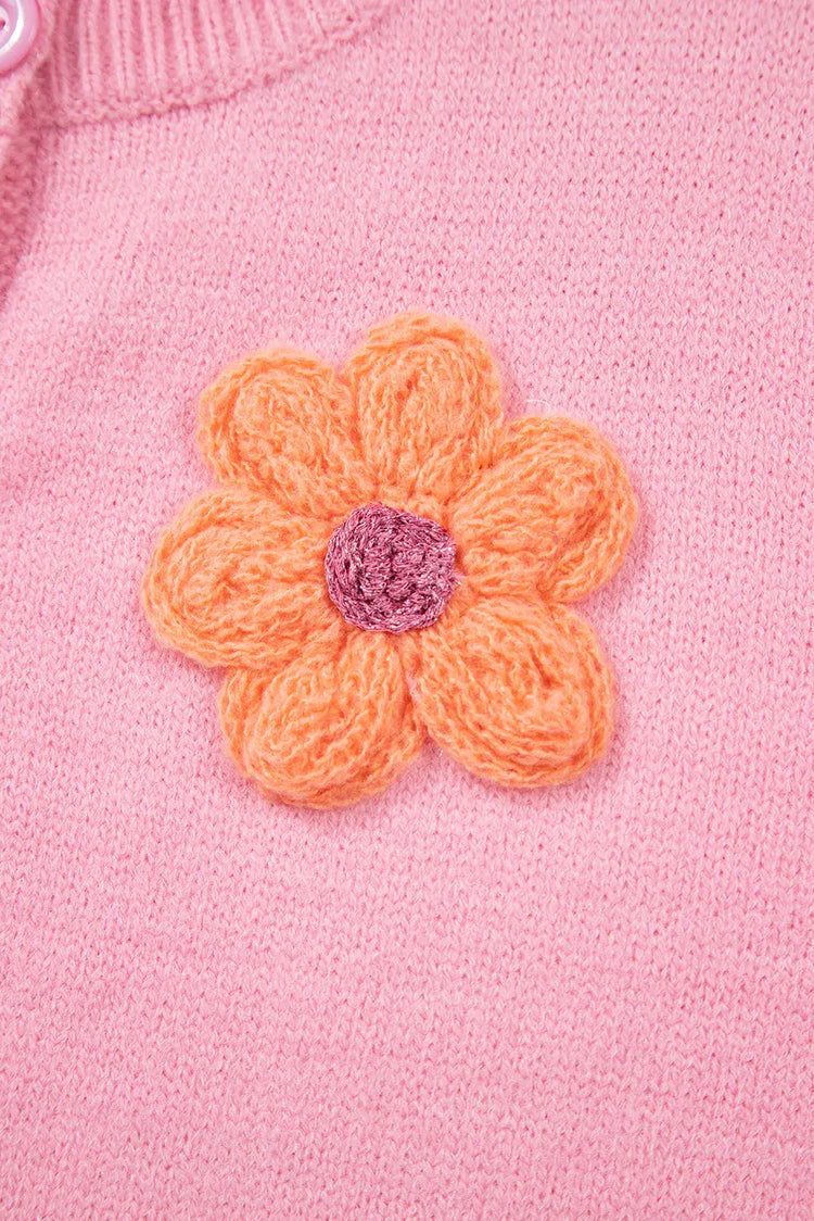 Pink Knitted Floral Pattern Button Up Cardigan - The Aurora Touch