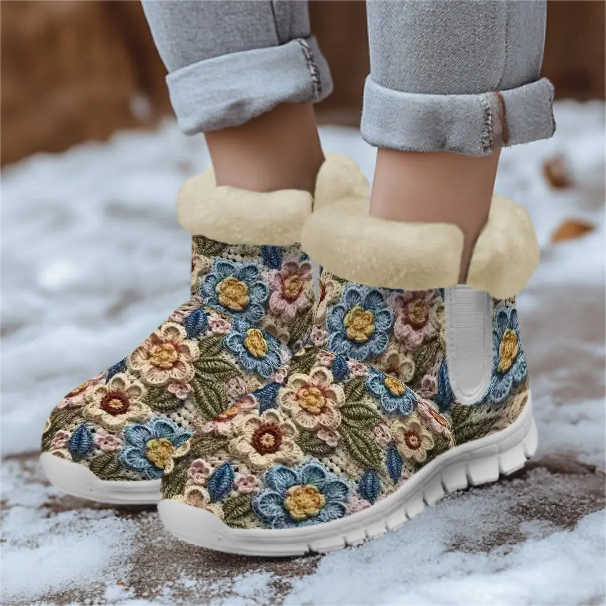 Pretty 3D Crotchet Floral Design Snow Boots - The Aurora Touch