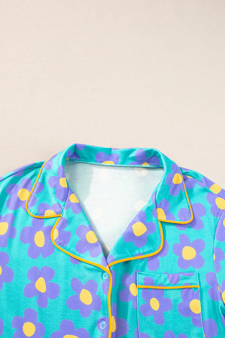 Green Flower Print Short Sleeve Shirt Pajamas Set The Aurora Touch