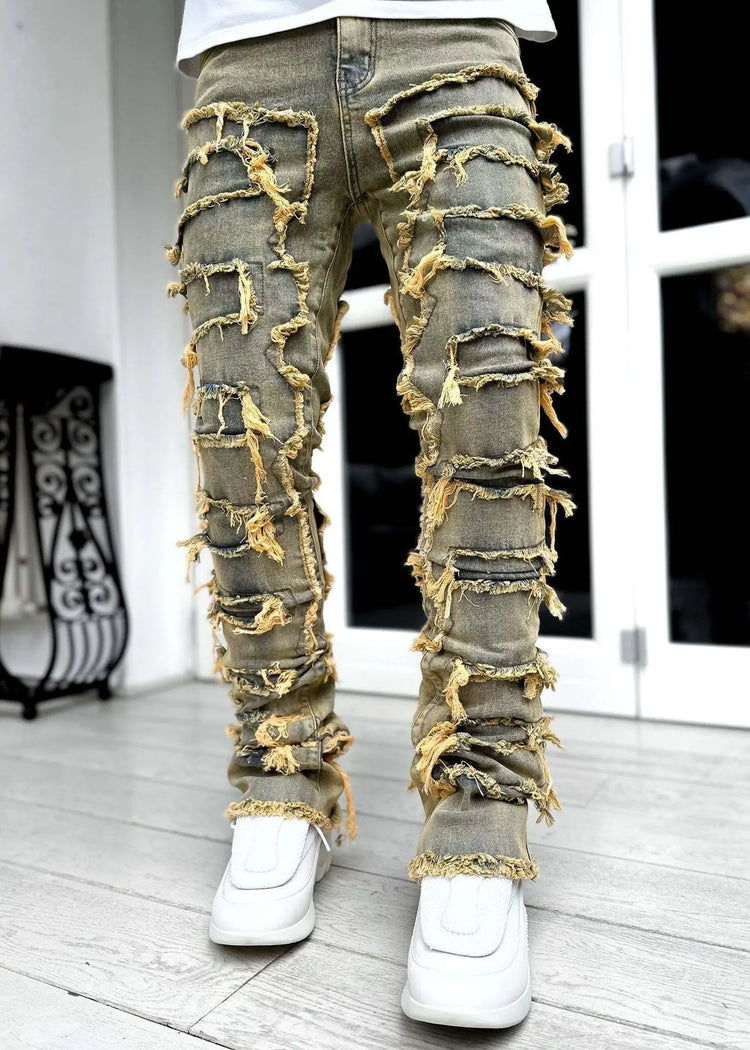 Men Trousers Individual Patched Pants Long Tight Fit Stacked Jeans For Mens Clothing The Aurora Touch