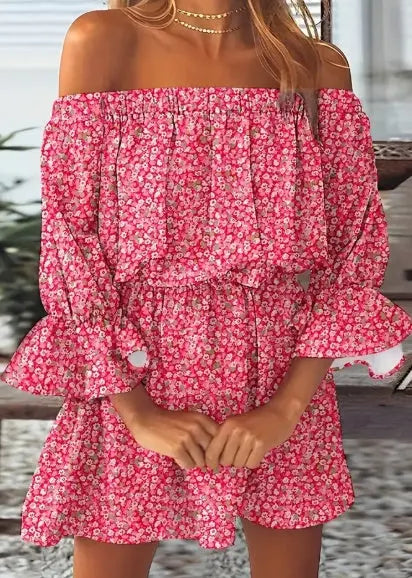Boho Leaf Graphic Print Off Shoulder Dress - The Aurora Touch