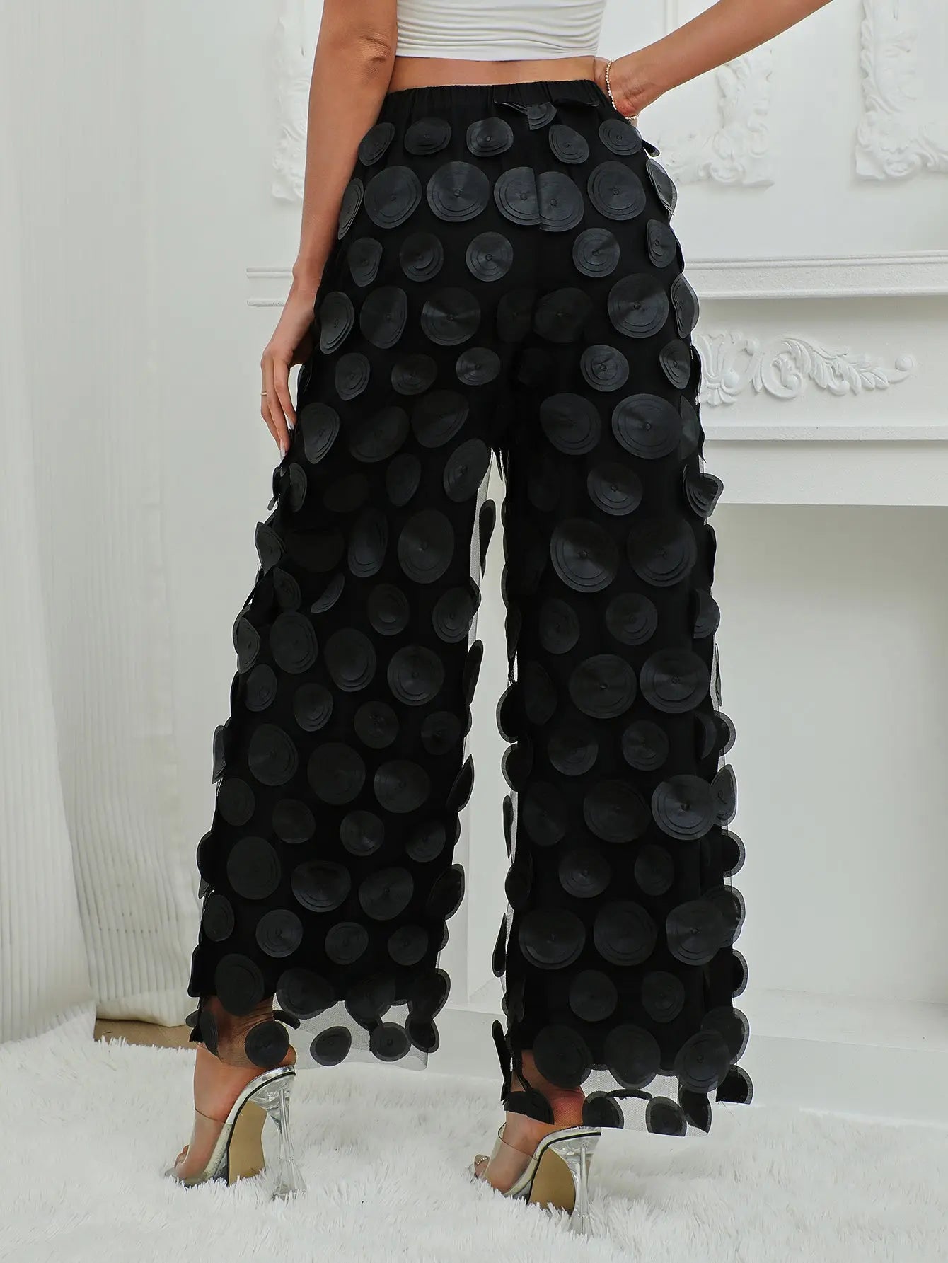 Fashionable Temperament Round Piece Design Tassel Hollowing High Waist Straight Ladies Pants The Aurora Touch