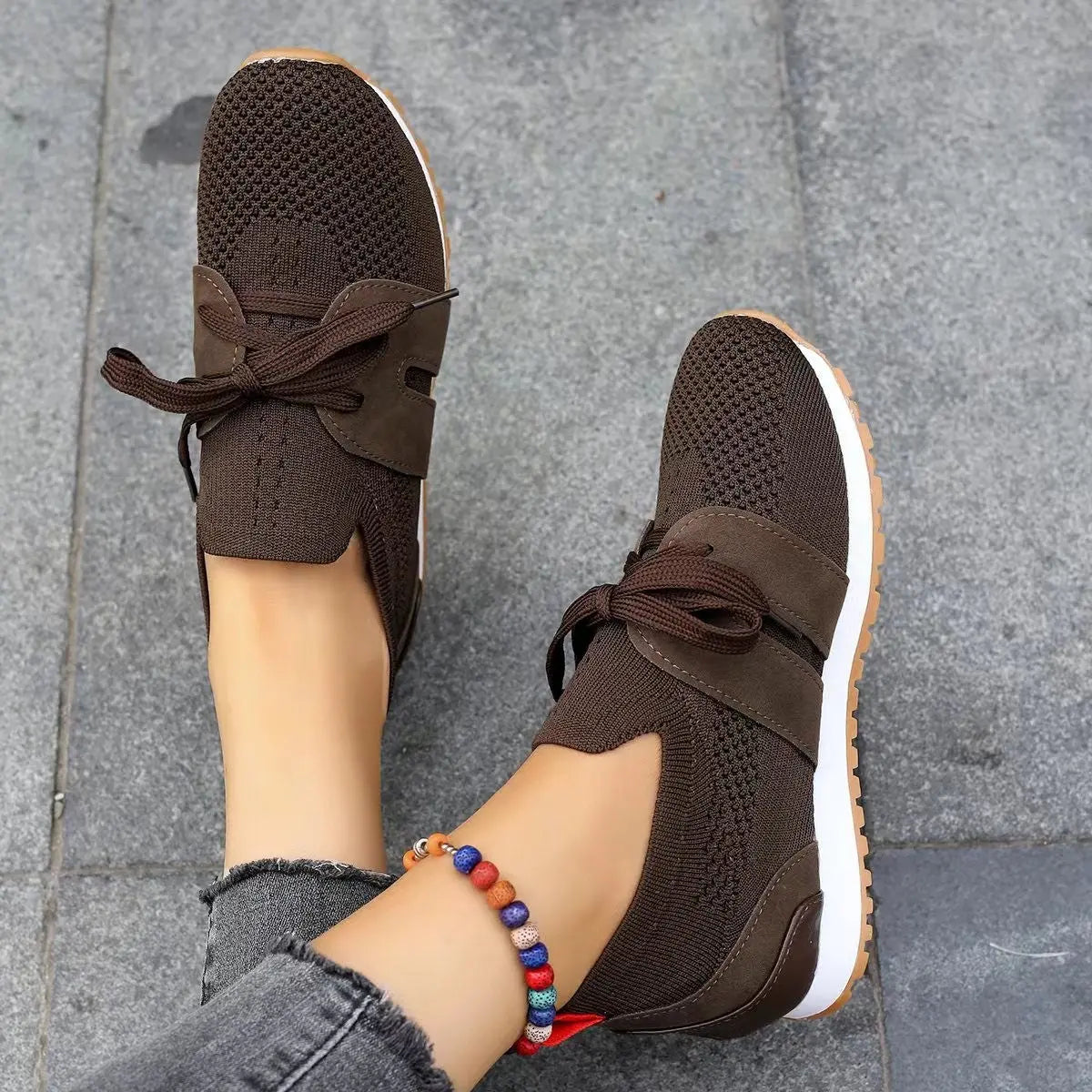 New Lace Up Mesh Flats For Women Breathable Casual Walking Shoes CJ