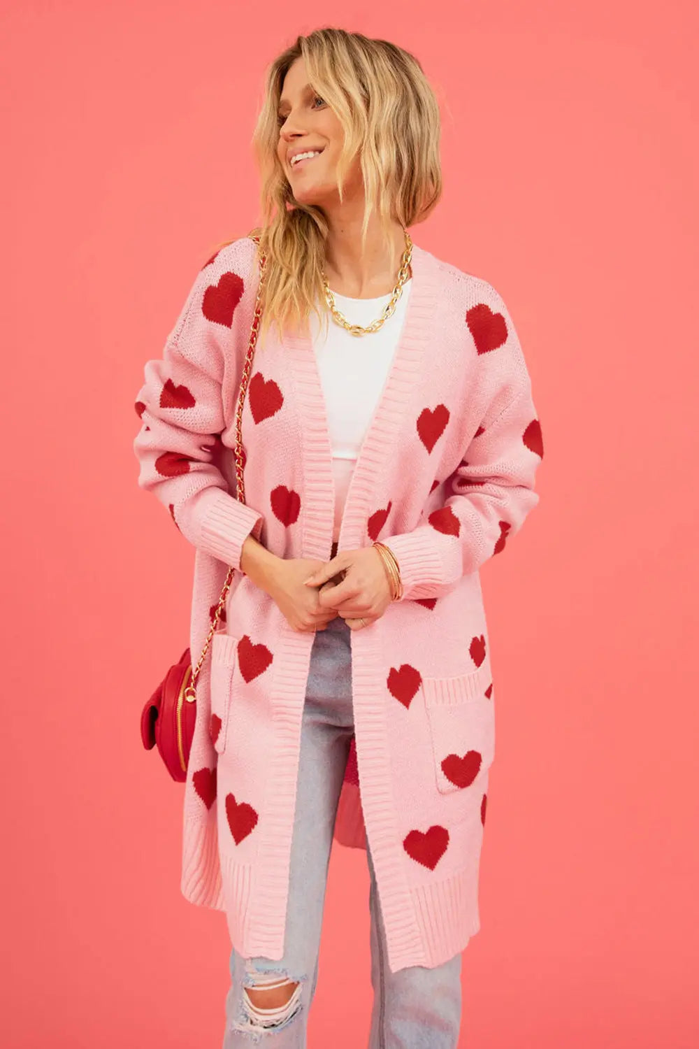 Heart Graphic Open Front Cardigan with Pockets The Aurora Touch
