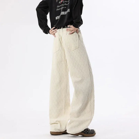 Casual White Checkered Denim Pants for Men