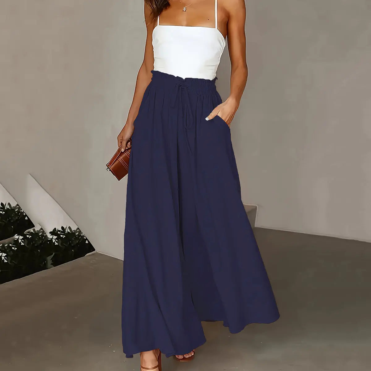 Plus Size Wide Leg Pants - Stylish Solid Paper Bag Waist Design, Elegant Pocket Tie Front, Loose Fit  Comfort CJ
