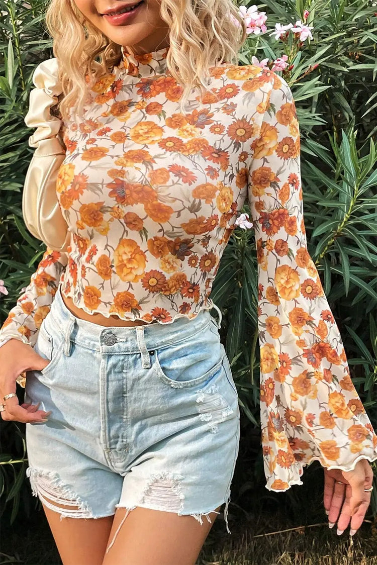 Orange Floral Printed Bell Sleeve Blouse - The Aurora Touch