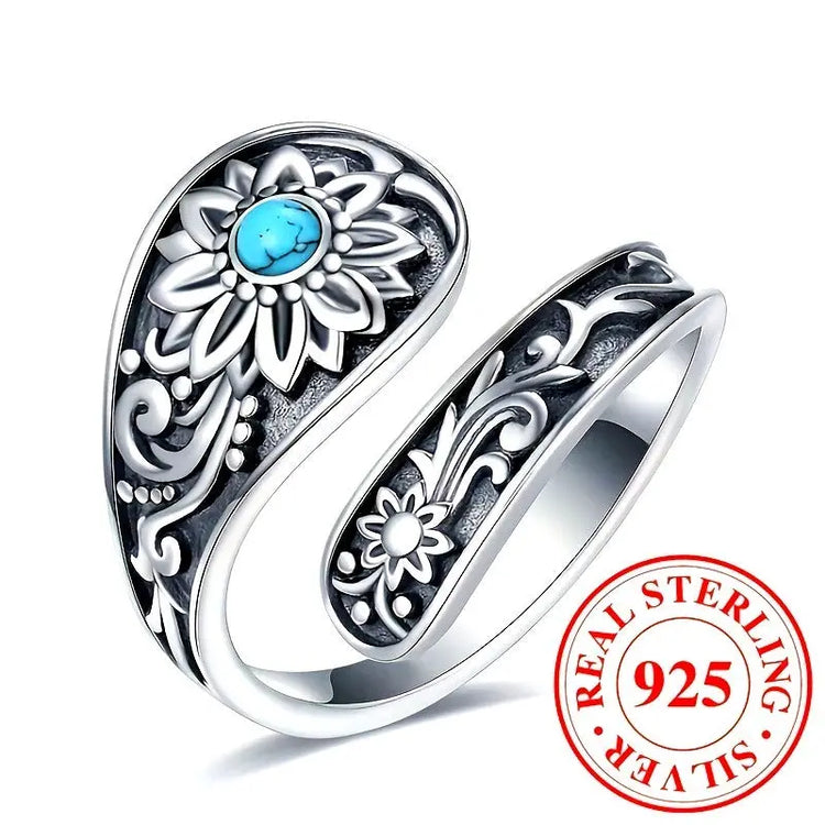 925 Silver Spoon Ring - Exquisitely Carved With Sunflowers, Embellished With Inlaid Turquoise The Aurora Touch