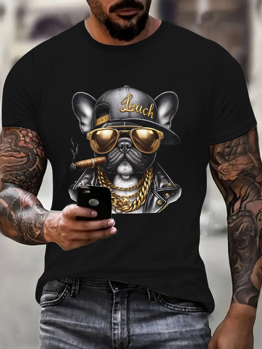 Cool Hip-hop Dog Gold Chain Pattern Print, Men's Round Neck Short Sleeved T-shirt, Casual Men's Top