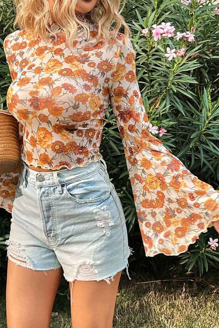 Orange Floral Printed Bell Sleeve Blouse - The Aurora Touch