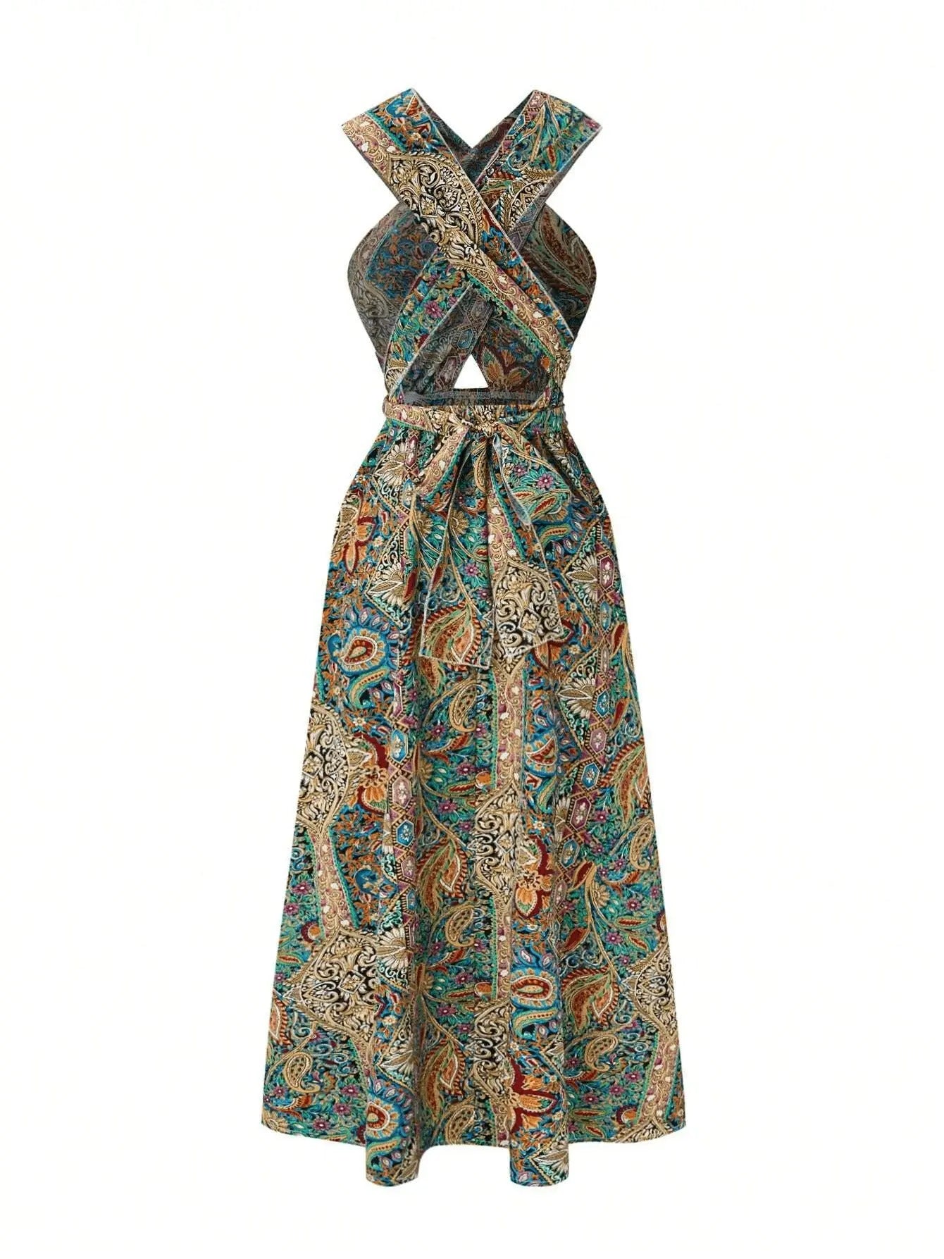 Women Print Maxi Dress High Waisted Cross Halter Neck With Tie Detail,Flowing Vacation Gown In Teal, Blue-Green & Brown Paisley   Pattern, Machine Washable, Summer Fashion Decorative Tie Detail The Aurora Touch