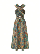 Women Print Maxi Dress High Waisted Cross Halter Neck With Tie Detail,Flowing Vacation Gown In Teal, Blue-Green & Brown Paisley   Pattern, Machine Washable, Summer Fashion Decorative Tie Detail The Aurora Touch