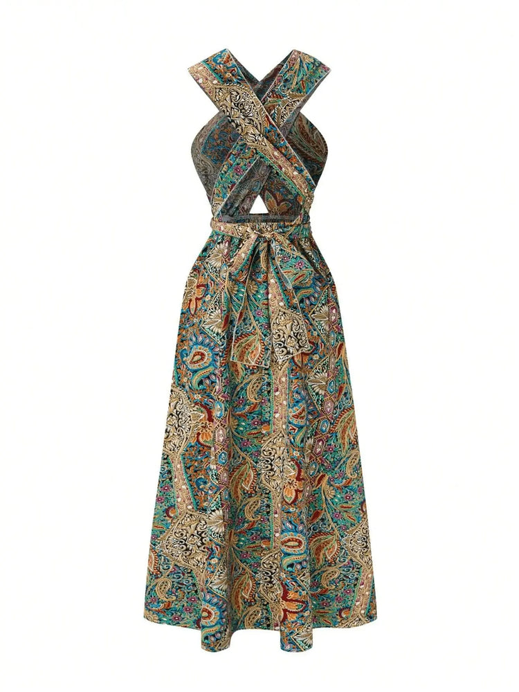 Women Print Maxi Dress High Waisted Cross Halter Neck With Tie Detail,Flowing Vacation Gown In Teal, Blue-Green & Brown Paisley   Pattern, Machine Washable, Summer Fashion Decorative Tie Detail The Aurora Touch
