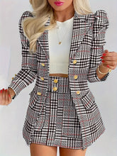 Ladies Fashion Casual Slim Suit Two-piece Plaid Pattern with Buttons, Lapel Long Sleeve Suit Jacket and High Waist Skirt The Aurora Touch