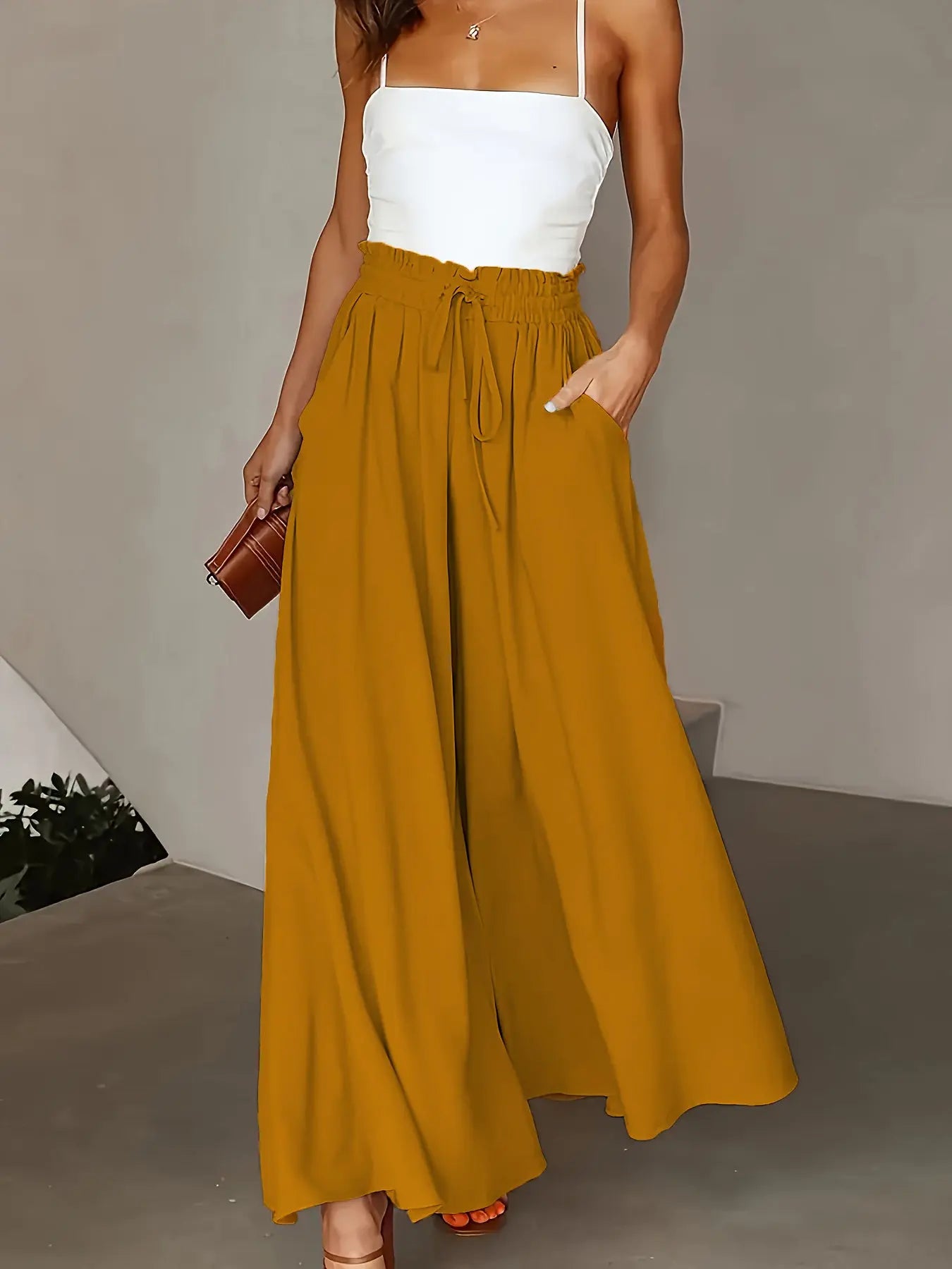 Plus Size Wide Leg Pants - Stylish Solid Paper Bag Waist Design, Elegant Pocket Tie Front, Loose Fit  Comfort CJ