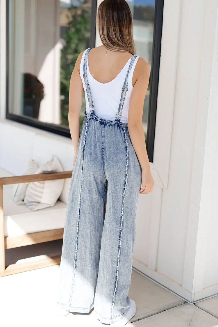 Beau Blue Light Wash Frayed Exposed Seam Wide Leg Denim Overall The Aurora Touch