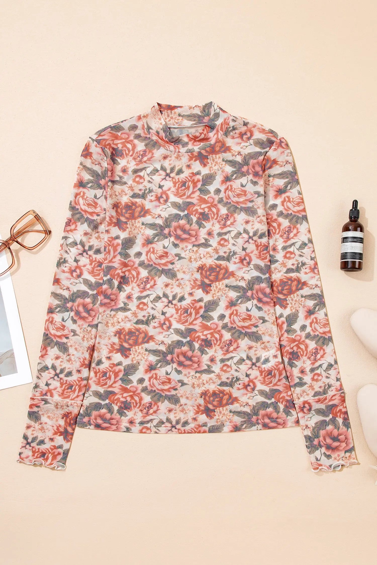 Floral Print Mesh Long Sleeve Top - The Aurora Touch