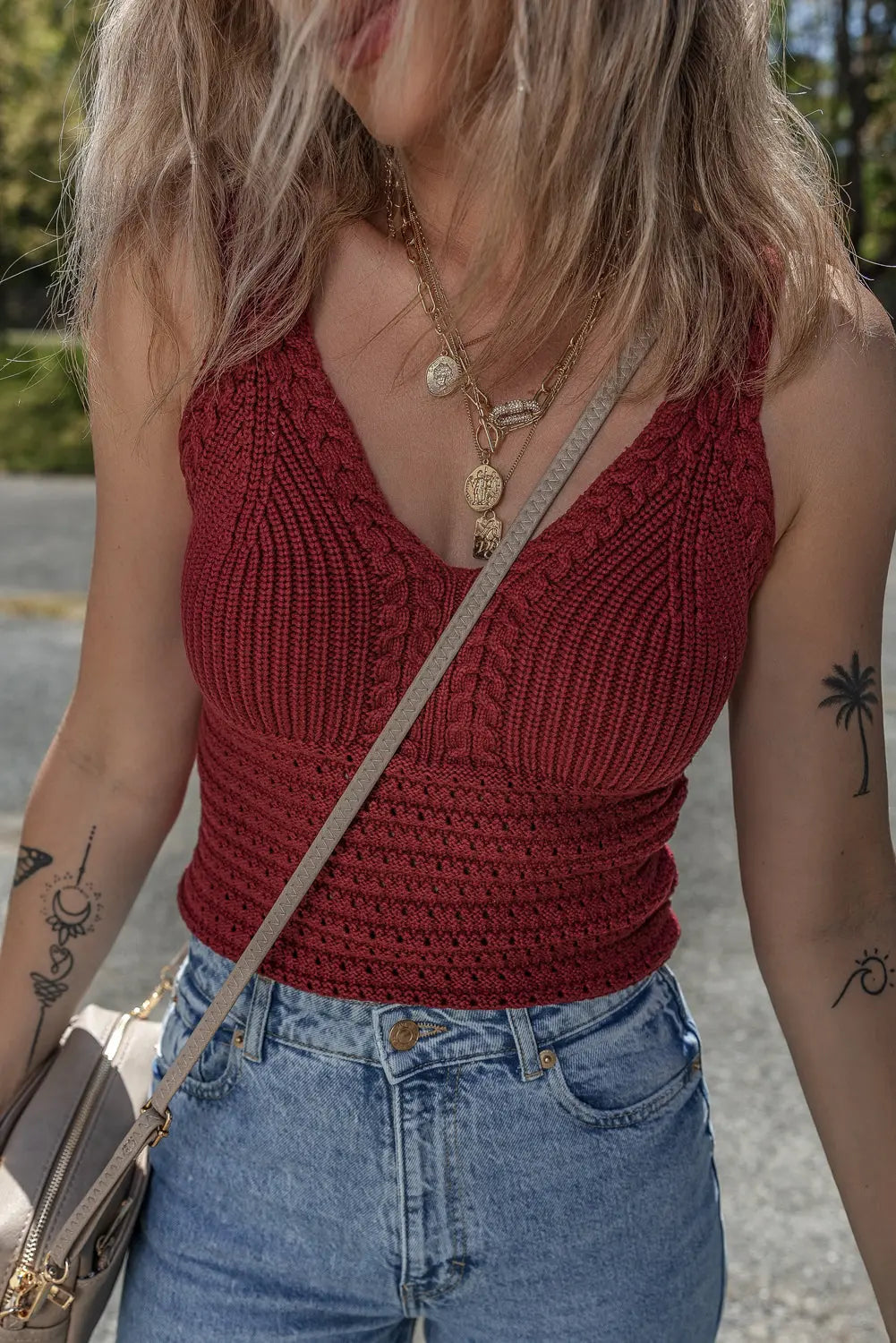 Burgundy Cable Knit Pointelle Slim Fit V Neck Sweater Vest Dear-Lover Dropshipping