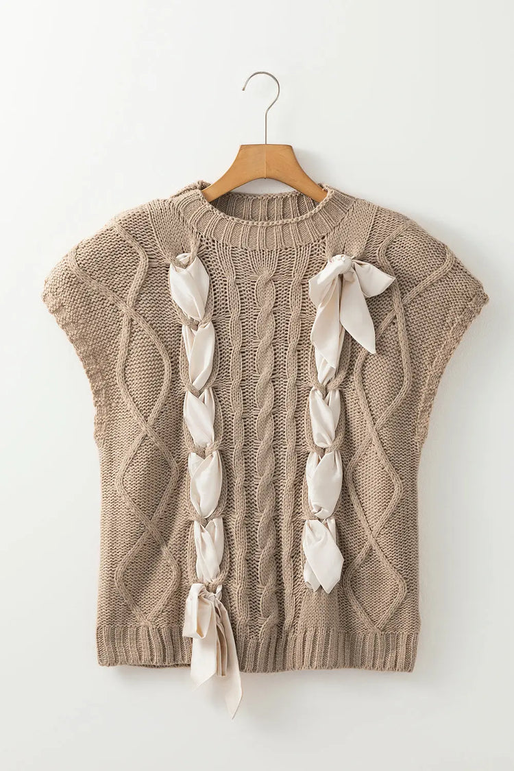 Cable Knit Colorblock Satin Bowknot Short Sleeve Sweater - The Aurora Touch