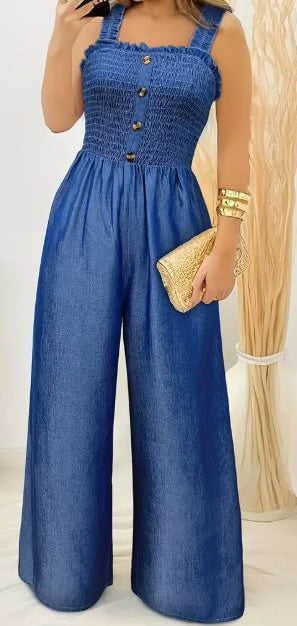 Stylish Ruched Jumpsuit - Sleeveless, Shirred, Wide Leg, Solid Color, Button Decor, Casual Wear