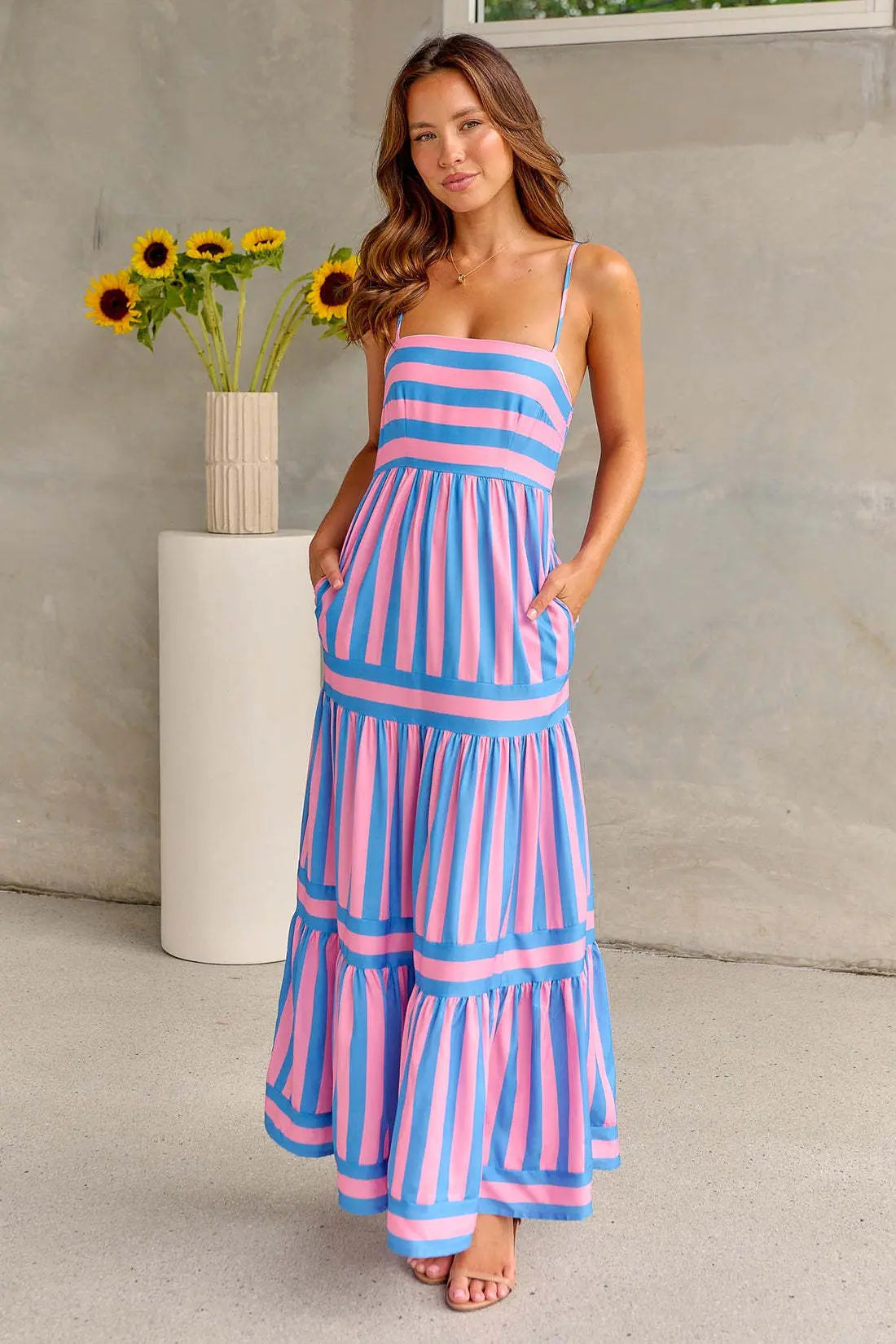 Summer Striped Printed Suspender Long Dress With Pockets | Fashion Square Neck Backless Dress The Aurora Touch