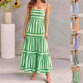 Summer Striped Printed Suspender Long Dress With Pockets | Fashion Square Neck Backless Dress The Aurora Touch