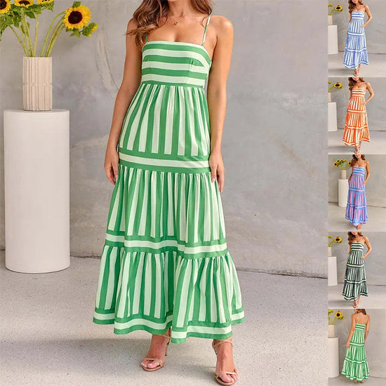 Summer Striped Printed Suspender Long Dress With Pockets | Fashion Square Neck Backless Dress The Aurora Touch