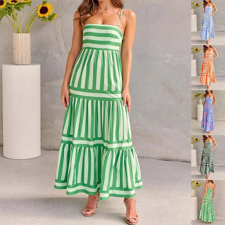 Summer Striped Printed Suspender Long Dress With Pockets | Fashion Square Neck Backless Dress The Aurora Touch