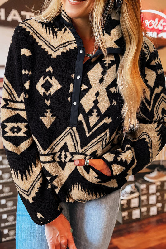Black Western Aztec Half Zip Plush Sweatshirt- Trendy Comfy Wear