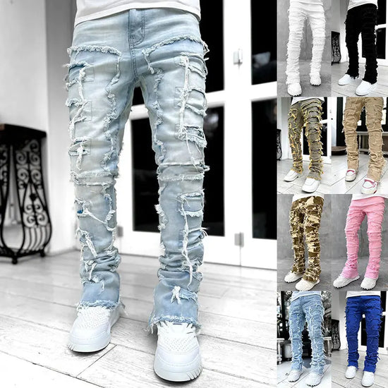 Men Trousers Individual Patched Pants Long Tight Fit Stacked Jeans For Mens Clothing The Aurora Touch