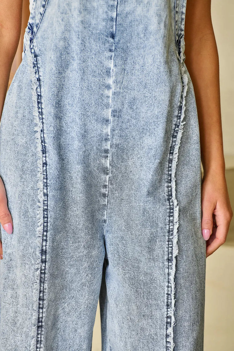 Beau Blue Light Wash Frayed Exposed Seam Wide Leg Denim Overall The Aurora Touch