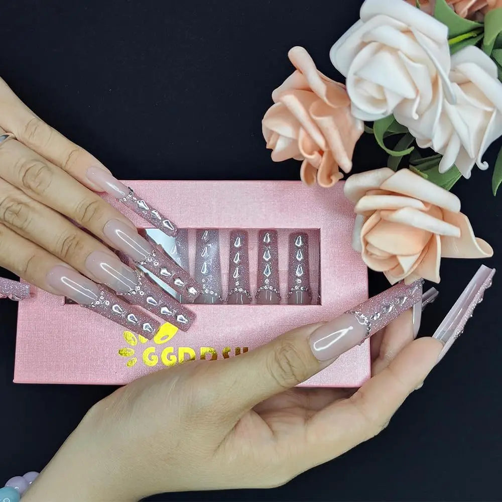 New Shiny Crystal Long Press on Nails with Diamonds The Aurora Touch