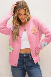 Pink Knitted Floral Pattern Button Up Cardigan - The Aurora Touch