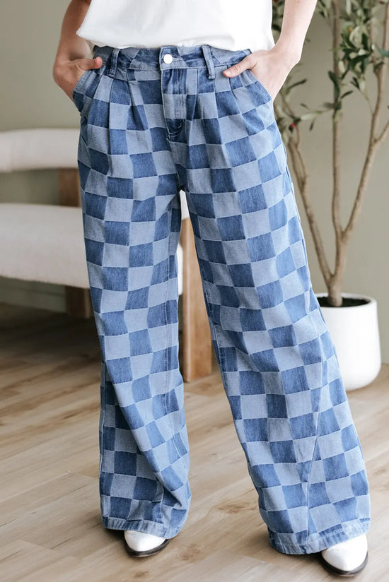 Dusk Blue Checkered Denim Wide Leg Jeans The Aurora Touch