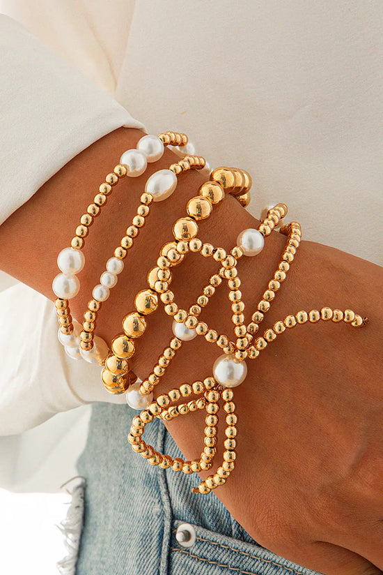 Gold Bow Knot Pearl Beaded Multi Layered Bracelet Set The Aurora Touch