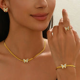 Lxalry 18K Gold Plated Butterfly Jewelry Set With Mirror Polish  Hypoallergenic Skin Safe 4PCS Necklace Earrings Bracelet Ring For Women, Never Fade Luxury Gift For Her CJ