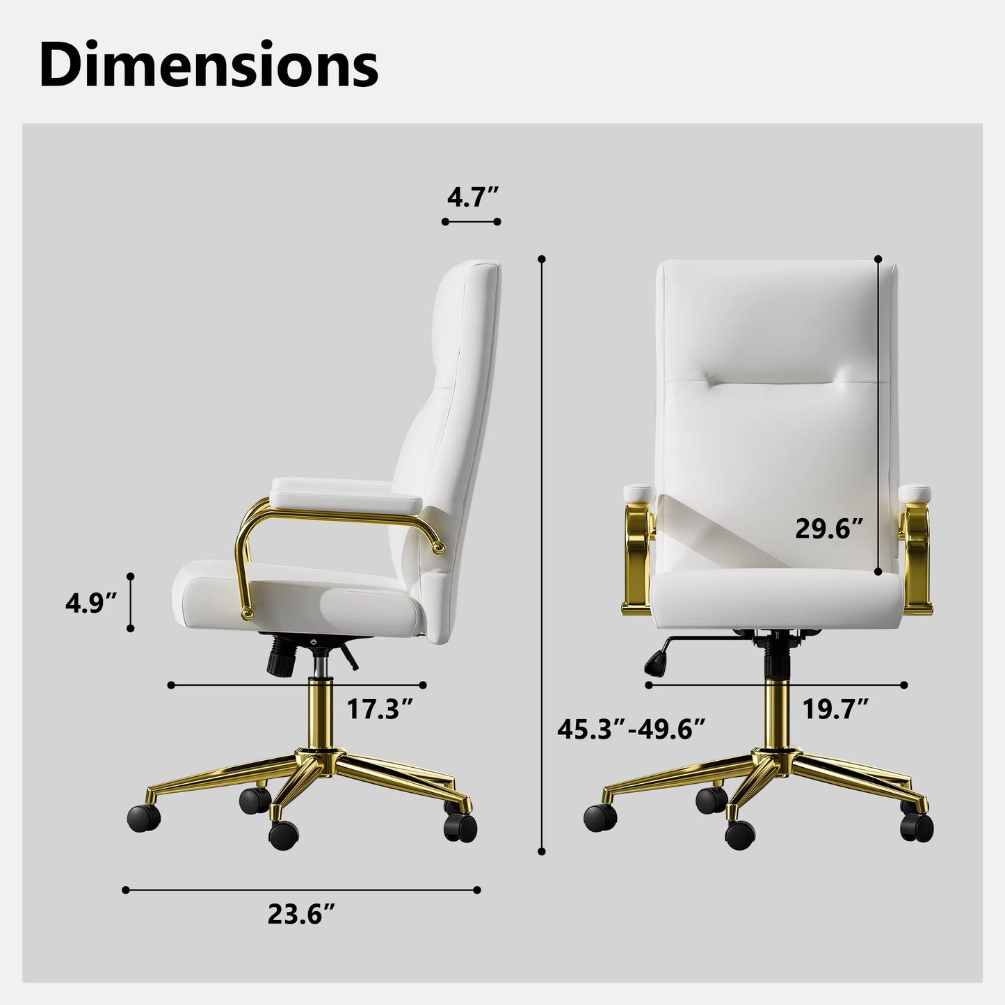 Executive Stylish White Leather Office Chair High Back with Gold Arms and Wheels | Excellent Back Support