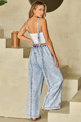 Beau Blue Light Wash Frayed Exposed Seam Wide Leg Denim Overall The Aurora Touch